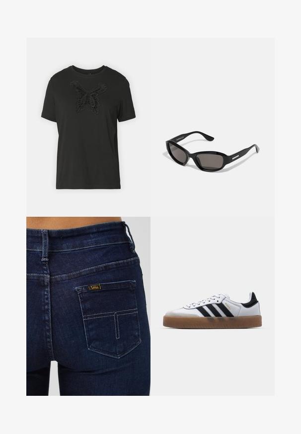 Sort bomulds T-shirt med et struktureret sort sommerfugl design på forsiden, korte ærmer og en klassisk rund halsudskæring.; Mørkeblå denimjeans med en standard baglomme. Har syningsdetaljer og en lille gul label med mærket "Lois."; Hvide lædersneakers med sorte striber, gummirubber sål, rund tå, snørelukning og blød grå ruskinds tåhætte.; Sorte solbriller med rektangulært stel, mørke linser, glat plastmateriale og en metalaccent på templet.