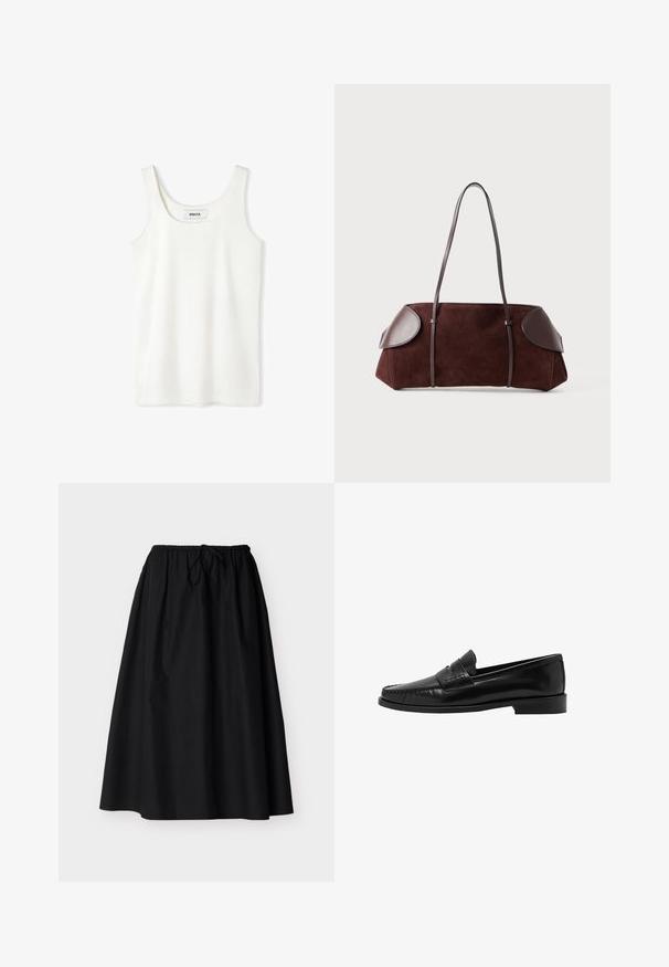 Camiseta sin mangas blanca hecha de una tela suave; presenta un escote redondeado y un dobladillo recto. La etiqueta es visible dentro del escote.; Falda midi negra de corte evasé con cintura elástica y cordón ajustable, tela ligera y textura suave, presentada sobre un fondo liso.; Mango Zapatos sin cordones - black; Bolsa de ante marrón con acentos de cuero, forma estructurada, doble strap para el hombro y bordes redondeados, con una textura suave y hardware minimal.