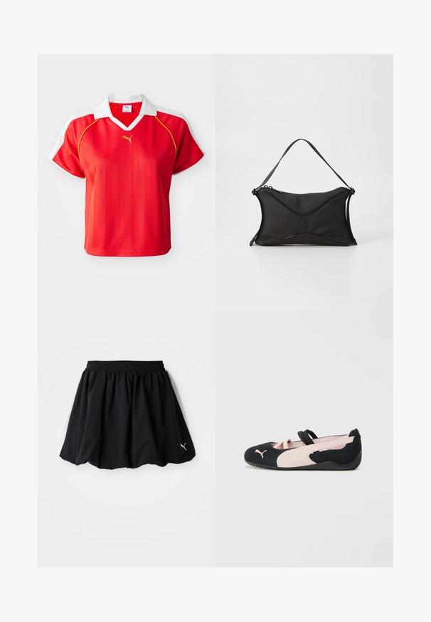 Polo-shirt rouge sportif avec col et manches blanches, arborant des rayures verticales et un petit logo doré à l'avant. Matière légère.; Jupe de sport noire avec une taille élastique, ornée de panneaux blancs sur les côtés et d'un petit logo au bas. Fabriquée en tissu léger.; Ballerines en suède noir et rose clair avec des sangles élastiques, un bout arrondi et une semelle en caoutchouc texturée, arborant un petit logo à l'avant.; Sac à main noir en matériau doux et texturé. Présente un design ondulé, une bandoulière unique et un détail logo subtil à l'avant.