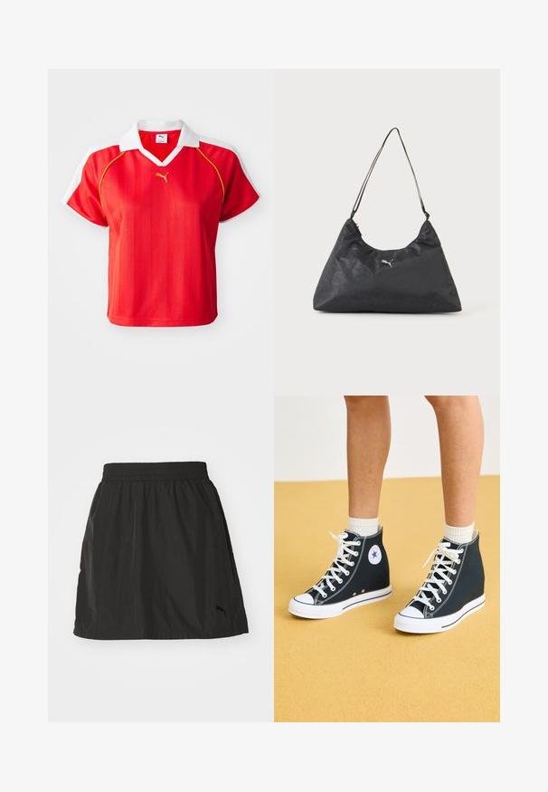 Rød sporty polo-shirt med hvid krave og ærmer, prydet med lodrette striber og et lille guld-logo foran. Letvægtsmateriale.; Sort atletisk nederdel med elastisk talje, letvægtsstof, lige kant og subtilt broderet logo nederst til højre.; Høje sneakers i mørkeblåt kanvas med hvide gummisåler, snørebånd og detaljer. Har et rundt logo og hvide syninger.; Sort trekantet skuldertaske med tynd rem, subtilt monogrammønster og lille sølvfarvet Puma-logo i midten.
