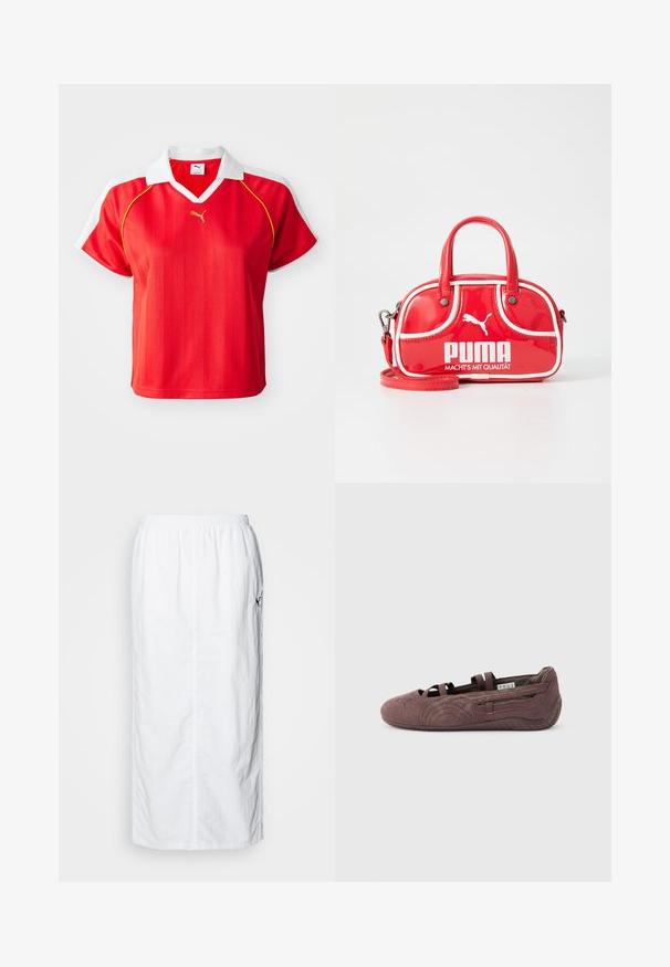 Rød sporty polo-shirt med hvid krave og ærmer, prydet med lodrette striber og et lille guld-logo foran. Letvægtsmateriale.; Hvid midi-nederdel med elastisk talje, ensartet tekstur, lige snit og en subtil detalje med sidelommer.; Brun ruskinds balletsko med elastiske stropper og tekstureret sål, vist i profil mod en ensfarvet lys baggrund.; Rød lakeret mini håndtaske med hvide accenter, rund form, dobbelte håndtag, aftagelig skulderrem og fremtrædende PUMA-logo.