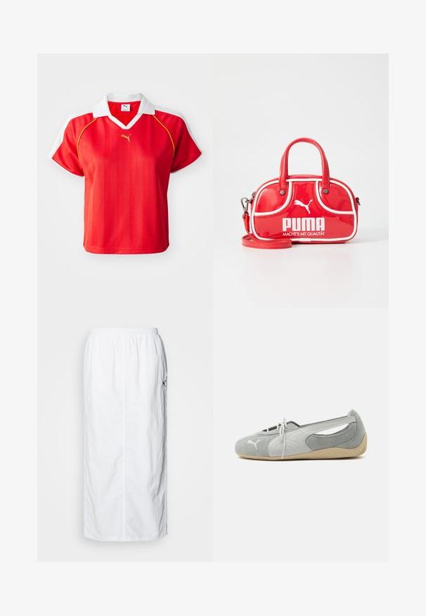 Rød sporty polo-shirt med hvid krave og ærmer, prydet med lodrette striber og et lille guld-logo foran. Letvægtsmateriale.; Hvid midi-nederdel med elastisk talje, ensartet tekstur, lige snit og en subtil detalje med sidelommer.; Lysegrå Puma ruskind flad sko med hvidt logo, snørelukning foran, udskårne sider og beige tekstureret sål, vist fra ydersiden.; Rød lakeret mini håndtaske med hvide accenter, rund form, dobbelte håndtag, aftagelig skulderrem og fremtrædende PUMA-logo.