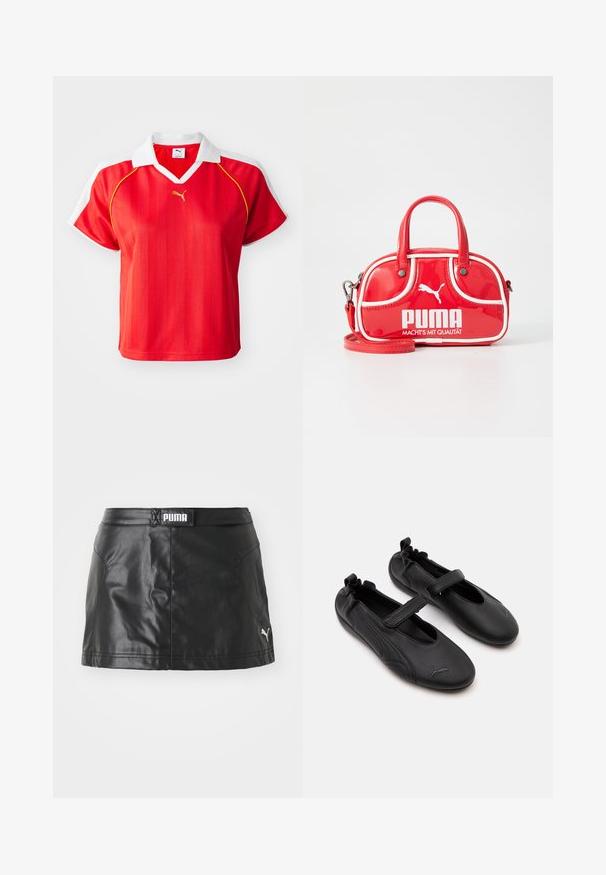 Rød sporty polo-shirt med hvid krave og ærmer, prydet med lodrette striber og et lille guld-logo foran. Letvægtsmateriale.; Sorte faux læder nederdel med en glat tekstur, der har et PUMA-logo på taljen og et lille logo på kanten.; Par sorte læder Mary Jane-stil sko med elastisk bagpå og velcrolukning, med en diskret Puma-logo på hver tå.; Rød lakeret mini håndtaske med hvide accenter, rund form, dobbelte håndtag, aftagelig skulderrem og fremtrædende PUMA-logo.