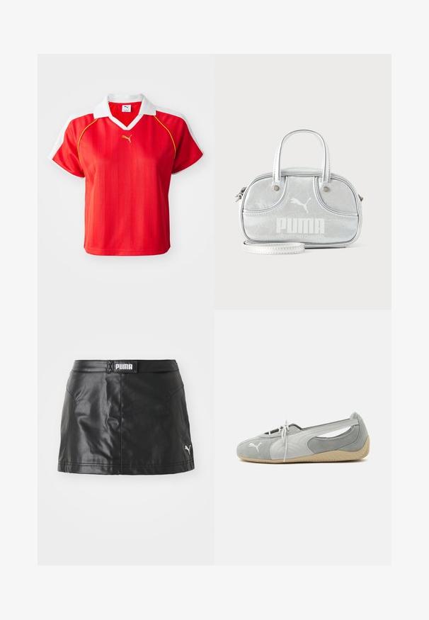 Polo-shirt rouge sportif avec col et manches blanches, arborant des rayures verticales et un petit logo doré à l'avant. Matière légère.; Jupe en faux cuir noir avec une texture lisse, arborant un logo PUMA à la taille et un petit logo sur l'ourlet.; Chaussure plate en daim Puma gris clair avec logo blanc, lacets à l'avant, côtés découpés et semelle beige texturée, vue du côté extérieur.; Petit sac à main Puma argent métallisé avec deux poignées supérieures, une longue bandoulière, logo sur le devant et fermeture zippée sur fond uni clair.