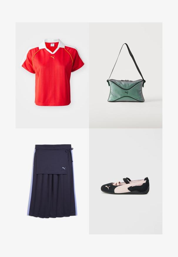 Polo-shirt rouge sportif avec col et manches blanches, arborant des rayures verticales et un petit logo doré à l'avant. Matière légère.; Jupe plissée bleu marine avec des bandes latérales bleu clair, un panneau enveloppant attaché, une taille à cordon de serrage et un petit logo Puma blanc sur le panneau.; Ballerines en suède noir et rose clair avec des sangles élastiques, un bout arrondi et une semelle en caoutchouc texturée, arborant un petit logo à l'avant.; Petit sac d'épaule vert irisé avec bordure noire, sangle réglable noire, fermeture éclair et logo Puma au centre avant.