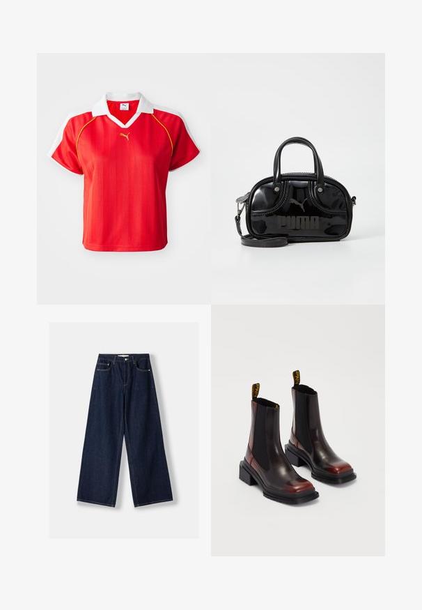 Rotes sportliches Poloshirt mit weißem Kragen und Ärmeln, mit vertikalen Streifen und einem kleinen goldenen Logo auf der Vorderseite. Leichtes Material.; Dunkelblaue Jeans mit weitem Bein, vorderer Knopf- und Reißverschluss, vorderen Taschen und Gürtelschlaufen, flach auf weißem Hintergrund ausgelegt.; Dr. Martens MAYBOLE CHELSEA - Plateaustiefelette - black/cherry red; Schwarze Lacklederhandtasche mit doppelten Griffen oben, abnehmbarem Schulterriemen, runder Form und hervorgehobenem geprägten "PUMA"-Logo.