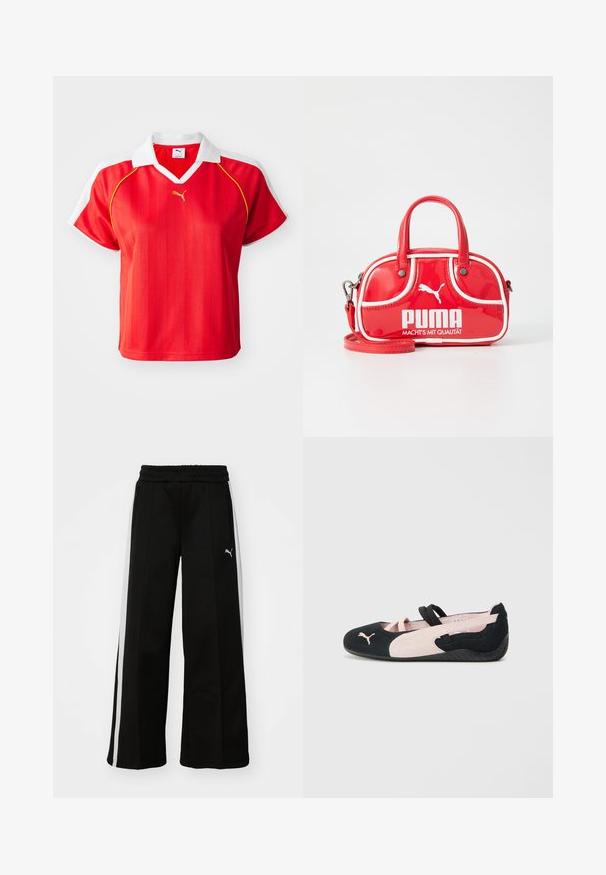 Polo-shirt rouge sportif avec col et manches blanches, arborant des rayures verticales et un petit logo doré à l'avant. Matière légère.; Pantalons larges noirs avec une taille élastique, des rayures blanches verticales, des poches latérales zippées et un petit logo sur la cuisse.; Ballerines en suède noir et rose clair avec des sangles élastiques, un bout arrondi et une semelle en caoutchouc texturée, arborant un petit logo à l'avant.; Mini sac à main en cuir verni rouge avec des accents blancs, de forme arrondie, double anses, bandoulière amovible et logo PUMA bien visible.