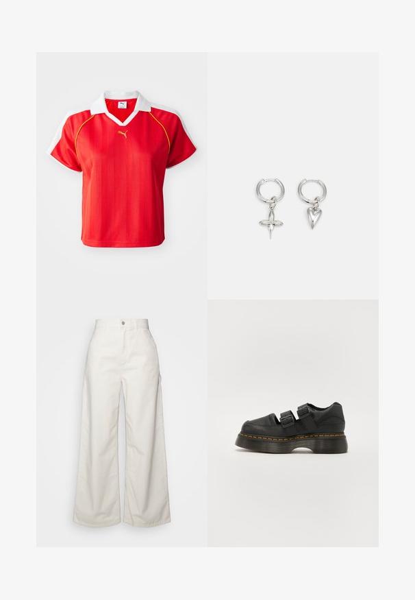 Polo shirt deportiva roja con cuello y mangas blancas, con rayas verticales y un pequeño logo dorado en el frente. Material ligero.; Carhartt WIP PANT - Pantalones - wax; Zapato de cuero negro con dos correas ajustables de hebilla, suela texturizada elevada y costuras naranjas visibles a lo largo de la media suela.; Pendientes de aro de plata con un charm de cruz y corazón. Textura suave y brillante con un acabado pulido. Cada charm cuelga de un lazo seguro.