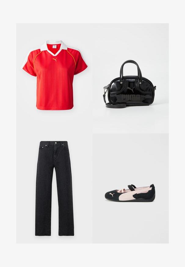 Polo-shirt rouge sportif avec col et manches blanches, arborant des rayures verticales et un petit logo doré à l'avant. Matière légère.; Jean noir taille haute à jambe droite avec un motif léopard subtil, bouton frontal, fermeture éclair et design à cinq poches.; Ballerines en suède noir et rose clair avec des sangles élastiques, un bout arrondi et une semelle en caoutchouc texturée, arborant un petit logo à l'avant.; Sac à main en cuir verni noir avec des poignées supérieures doubles, une bandoulière amovible, une forme arrondie et un logo "PUMA" en relief bien visible.