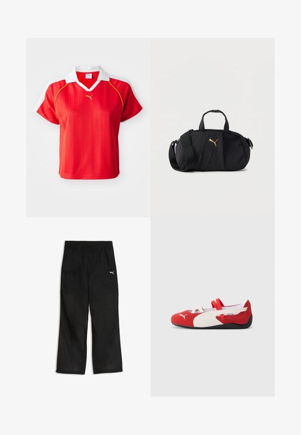 Polo-shirt rouge sportif avec col et manches blanches, arborant des rayures verticales et un petit logo doré à l'avant. Matière légère.; Pantalon de sport noir en tissu léger et texturé. Il est doté d'une taille élastique et d'un petit logo blanc sur la jambe gauche.; Chaussures en daim rouges et blanches avec un profil bas, dotées de bandes élastiques et d'une semelle en caoutchouc noir texturé. Logo Puma sur le côté.; Sac bandoulière texturé noir avec poignées supérieures, large sangle réglable et petit logo Puma doré centré à l'avant.