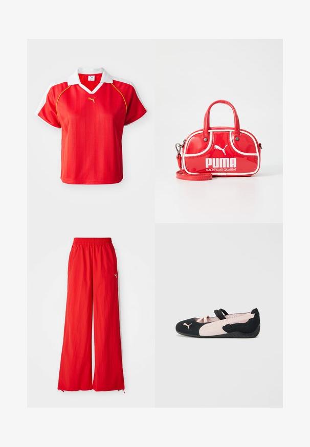 Polo-shirt rouge sportif avec col et manches blanches, arborant des rayures verticales et un petit logo doré à l'avant. Matière légère.; Pantalons larges rouges en tissu léger, avec une taille élastique, des poches latérales et un discret logo sur le côté.; Ballerines en suède noir et rose clair avec des sangles élastiques, un bout arrondi et une semelle en caoutchouc texturée, arborant un petit logo à l'avant.; Mini sac à main en cuir verni rouge avec des accents blancs, de forme arrondie, double anses, bandoulière amovible et logo PUMA bien visible.