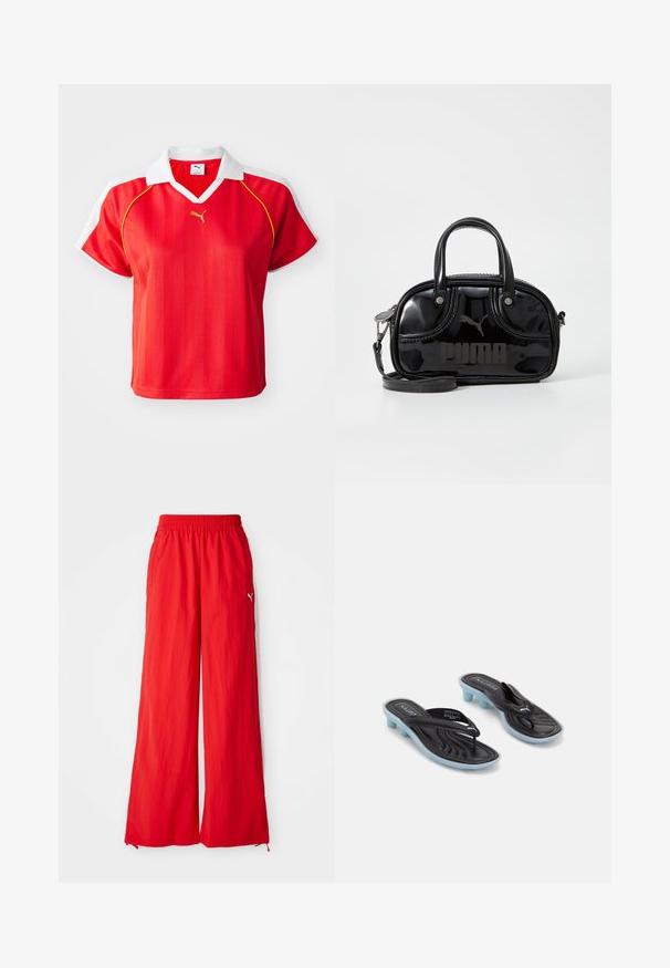 Polo shirt deportiva roja con cuello y mangas blancas, con rayas verticales y un pequeño logo dorado en el frente. Material ligero.; Pantalones anchos rojos hechos de material ligero, con cintura elástica, bolsillos laterales y un sutil detalle del logo en el costado.; Chanclas Puma negras y azules con tacones bajos y tiras tipo thong sobre un fondo blanco.; Bolso de mano de charol negro con dos asas superiores, correa para el hombro desmontable, forma redondeada y destacado logo en relieve de "PUMA".