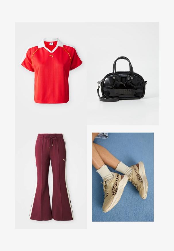 Polo shirt deportiva roja con cuello y mangas blancas, con rayas verticales y un pequeño logo dorado en el frente. Material ligero.; Pantalones acampanados en color burdeos con franjas blancas laterales, cintura con cordón y logotipo dorado. Tejido suave con un acabado texturizado y piernas ajustadas.; Piernas cruzadas con zapatillas Puma beige con rayas de estampado de leopardo y calcetines crema con volantes sobre una alfombra azul.; Bolso de mano de charol negro con dos asas superiores, correa para el hombro desmontable, forma redondeada y destacado logo en relieve de "PUMA".