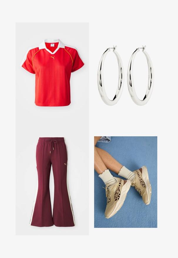 Polo shirt deportiva roja con cuello y mangas blancas, con rayas verticales y un pequeño logo dorado en el frente. Material ligero.; Pantalones acampanados en color burdeos con franjas blancas laterales, cintura con cordón y logotipo dorado. Tejido suave con un acabado texturizado y piernas ajustadas.; Piernas cruzadas con zapatillas Puma beige con rayas de estampado de leopardo y calcetines crema con volantes sobre una alfombra azul.; Pendientes de aro de plata con una superficie lisa y reflectante. Forma redonda y grande con un cierre seguro en la parte superior. El acabado pulido resalta el brillo.