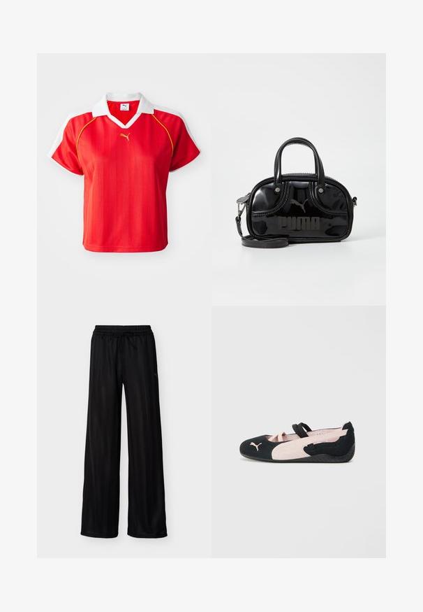 Polo-shirt rouge sportif avec col et manches blanches, arborant des rayures verticales et un petit logo doré à l'avant. Matière légère.; Pantalon large noir avec taille élastique et cordon de serrage, présentant des rayures verticales subtiles et un petit logo latéral.; Ballerines en suède noir et rose clair avec des sangles élastiques, un bout arrondi et une semelle en caoutchouc texturée, arborant un petit logo à l'avant.; Sac à main en cuir verni noir avec des poignées supérieures doubles, une bandoulière amovible, une forme arrondie et un logo "PUMA" en relief bien visible.