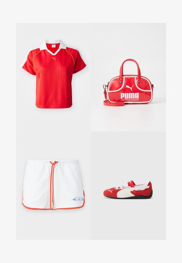 Punane sportlik polo särk valge krae ja varrukatega, millel on vertikaalsed triibud ja väike kuldne logo ees. Kerge materjal.; Valged lühikesed püksid oranžide paelte ja ääristustega. Omab graafilist logo sinise ja punase värviga. Pehme kangas ja lõdva disainiga.; Punase ja valge nahast tossud madala profiiliga, millel on elastsed rihmad ja tekstureeritud must kummitald. Küljel Puma logo.; Punane lakknahk mini käekott valgete aktsentidega, ümmargune kuju, kahekordne sang, eemaldatav õlavarre rihm ja silmapaistev PUMA logo.