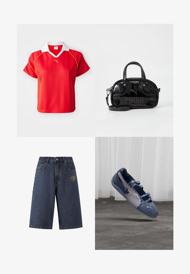 Polo shirt deportiva roja con cuello y mangas blancas, con rayas verticales y un pequeño logo dorado en el frente. Material ligero.; Shorts de mezclilla en azul oscuro, con un corte holgado, cinco bolsillos, texto bordado en dorado en la parte frontal y costuras en contraste a lo largo de las costuras.; Zapato plano Puma azul y gris con tres tiras elásticas, panel lateral texturizado y logo blanco de Puma, suspendido sobre un suelo de hormigón.; Bolso de mano de charol negro con dos asas superiores, correa para el hombro desmontable, forma redondeada y destacado logo en relieve de "PUMA".