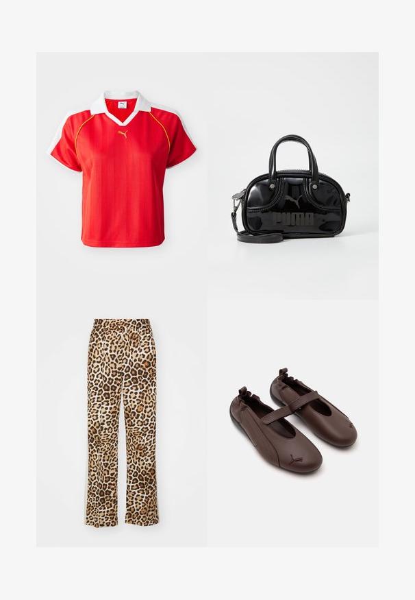 Polo shirt deportiva roja con cuello y mangas blancas, con rayas verticales y un pequeño logo dorado en el frente. Material ligero.; Pantalones de leopardo fabricados en un material suave, con un corte holgado, piernas anchas y una cinturilla elástica en tonos beige y marrón.; Zapatos de piel marrón estilo Mary Jane con parte trasera elástica, una correa sobre el empeine y el logo de Puma en las punteras redondeadas.; Bolso de mano de charol negro con dos asas superiores, correa para el hombro desmontable, forma redondeada y destacado logo en relieve de "PUMA".