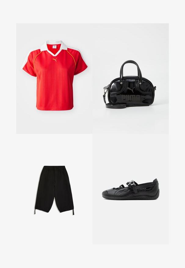 Polo roșu sport cu guler și mâneci albe, având dungi verticale și un mic logo auriu pe față. Material ușor.; Pantaloni negri scurtați, cu croială lejeră, talie elastică, șnururi la talie și tiv, și buzunare laterale.; Pantof negru plat Mary Jane cu model texturat, două curele reglabile cu cataramă și talpă joasă pe un fundal simplu.; Geantă din piele patent neagră, cu două mânere superioare, curea de umăr detașabilă, formă rotundă și logo-ul "PUMA" embosat proeminent.