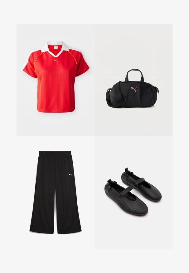 Polo-shirt rouge sportif avec col et manches blanches, arborant des rayures verticales et un petit logo doré à l'avant. Matière légère.; Pantalon de sport noir avec une taille élastique, boutons-pression sur les côtés et logo Puma blanc à l'avant. Fabriqué en tissu léger.; Paire de chaussures en cuir noir style Mary Jane avec arrière élastiqué et bride velcro, avec un logo Puma discret sur chaque orteil.; Sac bandoulière texturé noir avec poignées supérieures, large sangle réglable et petit logo Puma doré centré à l'avant.