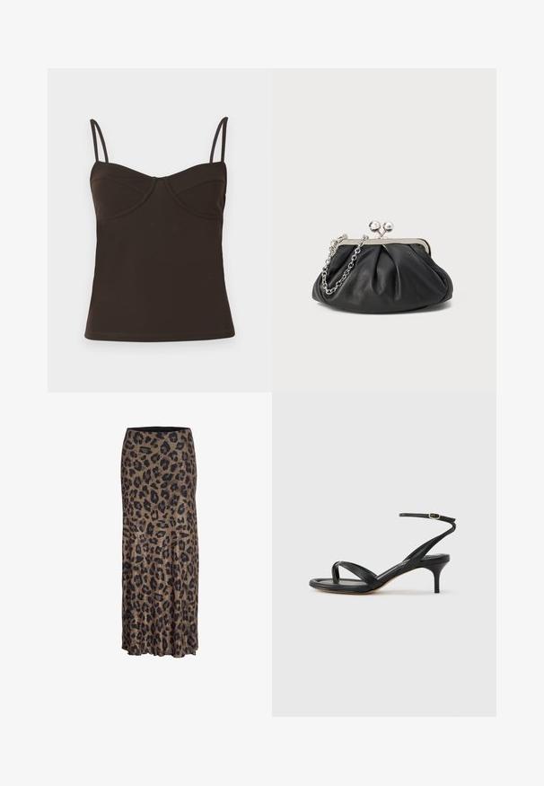 CLOSED Top - marsh green; Sukňa s leopardím vzorom v hnedej a čiernej farbe, s ležérnym dizajnom a jemným volánikovým lemom, vyrobená z ľahkej a mäkkej látky.; Čierne kožené sandále pre ženy s tenkými remienkami, očkom na palec, prackou na členku a stredne vysokým ihličkovým podpätkom na neutrálom pozadí.; Čierna kožená kabelka s vrúbkovou textúrou, strieborným kovovým rámom, uzáverom na pobozkanie a retiazkou na nosenie. Hladký, jemný povrch.