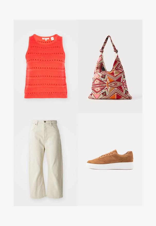 Koralfarvet tanktop med et struktureret strikkemønster, prydet med vandrette striber og åbenløsninger, rund halsudskæring og ærmeløs design.; Beige wide-leg jeans lavet af bomuldsdenim, med høj talje, fem lommer og en subtil falmet tekstur. Messingknap lukning.; Brun ruskind lavtop-sneakers med snørebånd foran og tyk hvid gummisål, vist i profil på en ensfarvet baggrund.; Broderet mulepose med et trekantsmønster i rød, pink og orange på en cremefarvet baggrund; har knyttede stropper og blød canvasstruktur.