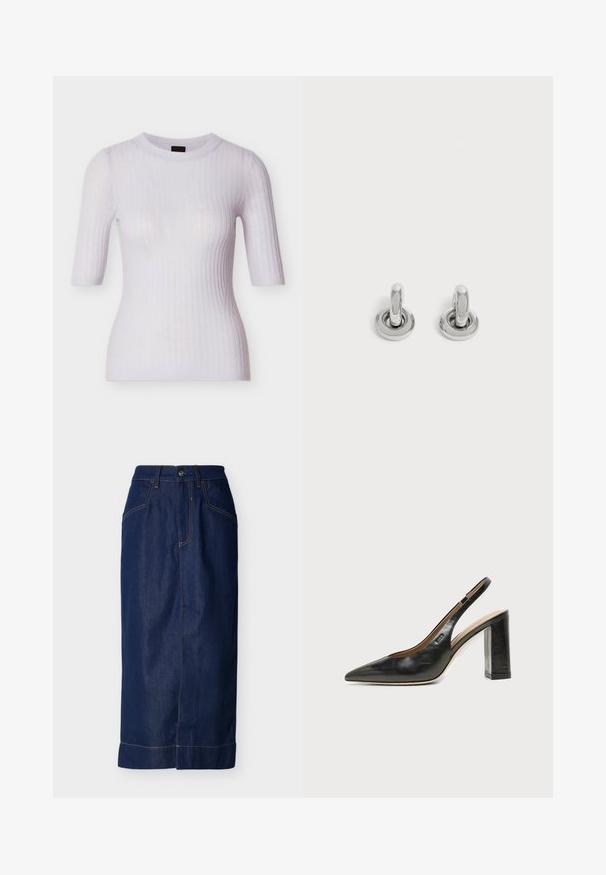 Haut blanc côtelé avec un col rond et des manches courtes, fabriqué dans un tissu doux et légèrement transparent. Présente une silhouette ajustée.; Jupe en jean bleu foncé à coupe droite, avec poches avant, coutures apparentes et un ourlet replié en bas.; Chaussure slingback en cuir noir à bout pointu avec un talon bloc haut et une doublure intérieure beige sur un fond clair uni.; Paire de petites boucles d'oreilles créoles argentées brillantes avec une base ronde, présentées sur un fond clair uni.