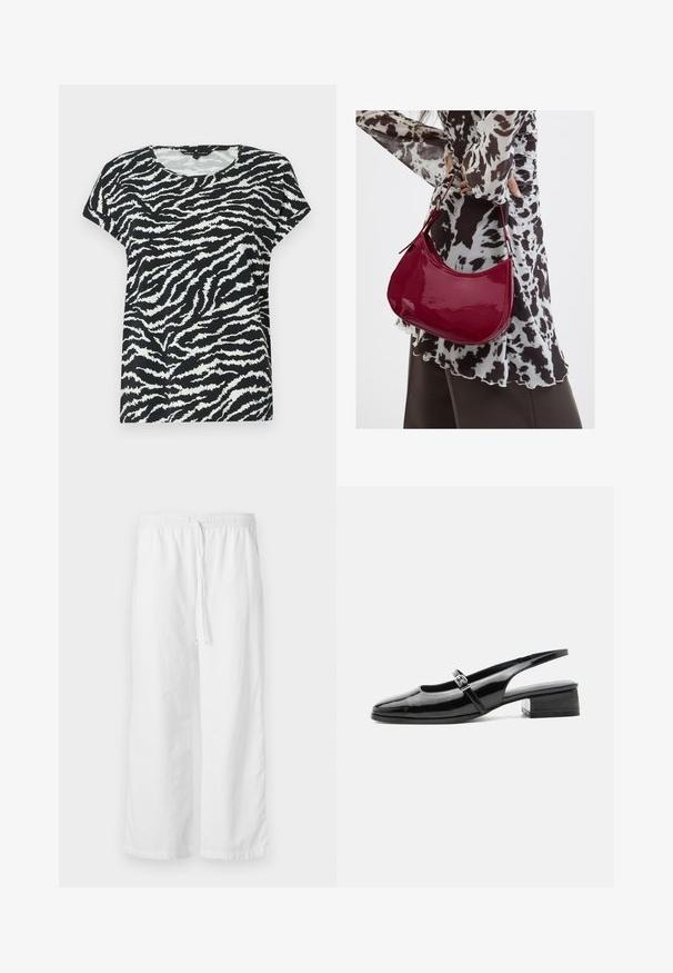 Schwarz-weißes Kurzarm-T-Shirt mit Zebra-Streifenmuster, Rundhalsausschnitt und weichem Material. Legere Passform und bequeme Gestaltung.; Weiße, strukturierte, weit geschnittene Hosen mit einem elastischen Bund und verstellbarem Kordelzug. Einfaches, minimalistisches Design ohne Verzierungen.; Schwarzer Slingback-Schuh aus Lackleder mit niedrigem Blockabsatz und dünnem Riemen mit silberner Schnalle oben.; Frau trägt eine schwarz-weiß gemusterte Bluse und hält eine glänzende rote Schultertasche vor einem einfarbigen Hintergrund.