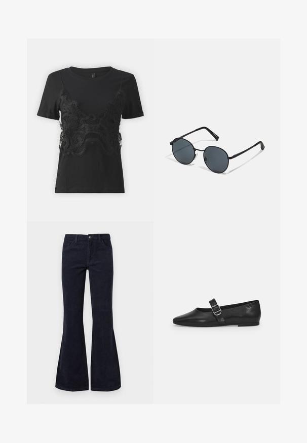 ONLY ONLJENNY LIFE - T-Shirt print - black; Die ausgestellten dunkelblauen Cordhosen haben eine hohe Taille, fünf Taschen und einen Knopfverschluss, mit einer weichen Textur und geripptem Oberflächenmuster.; Schwarzer Lederflatschuh mit runder Zehenform, einem verstellbaren Schnallenriemen und einer glatten, glänzenden Oberfläche. Minimalistisches Design mit einem niedrigen Absatz.; Schwarze Metal-Sonnenbrille mit runden Gläsern, dunkler Tönung, schlanken Bügeln und verstellbaren Nasenpolstern, mit einem minimalistischen Design und ohne sichtbares Branding.