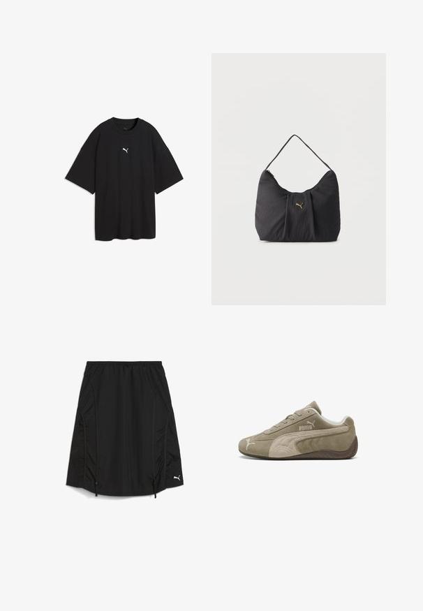 Sort oversized T-shirt med korte ærmer og et lille hvidt Puma-logo på midten foran under halsudskæringen.; Sort atletisk nederdel lavet af letvægts, tekstureret stof. Har en elastisk talje og sideløsninger med snore, samt et hvidt logo som accents.; Suedesneakers i lysebrun med mørkere accenter, med et lavprofil design, snørebåndslukning og et mærke logo på siden.; Sort skuldertaske med tekstur og folder, et enkelt håndtag og et lille gyldent Puma-logo centreret på forsiden.