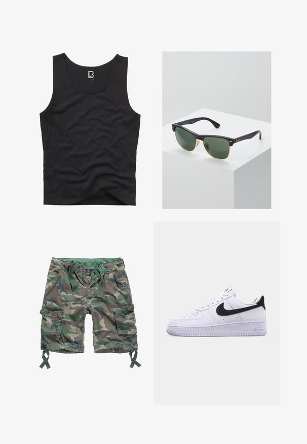 Zwarte tanktop van gladde stof, met een ronde halslijn en armsgaten, met een effen ontwerp en zonder zichtbare patronen of accenten.; Cargoshorts in een camouflagepatroon, met meerdere zakken, een elastische tailleband met trekkoorden en van katoenmateriaal.; Witte leren sneaker met een gestructureerde zwarte Swoosh, platte veters en een rubberen zool met een geribbeld patroon. "AIR" is in de hak geperst.; Ray-Ban zonnebrillen met groene lenzen, zwarte plastic monturen en gouden accenten aan de randen. Vierkante vorm met een matte afwerking.