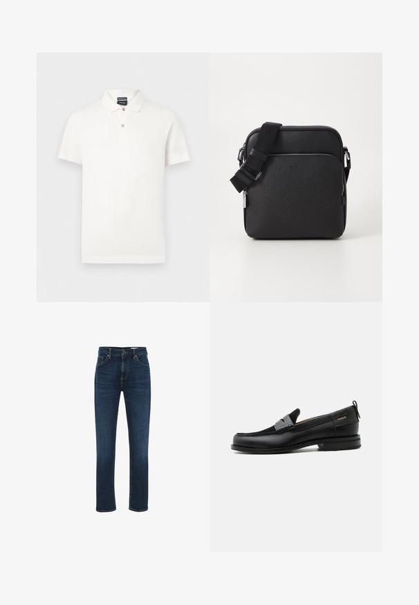 Lyhythihainen valkoinen poolopaita, jossa on teksturoidun kankaan kuvio, kaksi nappia kauluksessa ja merkkilappu kauluksen sisäpuolella.; WE Fashion BLUE RIDGE - Straight leg -farkut - dark blue; Musta nahkalesti harmaalla remmikoristeella, matala korko ja teksturoitu pohja, sivustalla kullanvärisellä "HUGO"-brändillä.; Musta nahkainen olkalaukku, jossa on rakennepinta, edessä vetoketjulla varustettu tasku, säädettävä hihna ja metalliset yksityiskohdat.