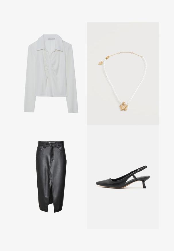 Hvid langærmet bluse med krave, der har en central rynkeDetalje og ribbet tekstur. Fremstillet af et blødt, let stof.; Sorte lædernederdel med en mellemlang design, der har en frontslids, klassiske bæltesløjfer og syede detaljer langs sømmene.; Sort læder slingback-sko med spidse tæer, lav blokhæle, udskårne sidedele og justerbar ankelrem. Glat tekstur hele vejen igennem.; Halskæde med små hvide perler, gylden kædelås og en guldfarvet sommerfuglevedhæng pyntet med små perler og krystaller.