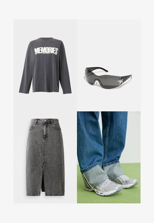 Camiseta de manga larga gris oscuro con la palabra "MEMORIES" en grandes letras blancas en el pecho y texto más pequeño debajo.; Falda midi de mezclilla negra deslavada de talle alto, con abertura frontal, pasadores para cinturón y diseño clásico de cinco bolsillos.; Zapatillas deportivas grises con material de malla y acentos blancos, combinadas con jeans de denim azul que tienen los tobillos remangados.; Gafas de sol negras con diseño envolvente, lentes oscuros, acentos brillantes en forma de estrella y almohadillas nasales ajustables.