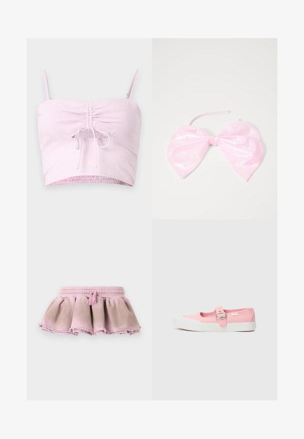 Top corto rosa claro con tirantes ajustables, detalle fruncido en la parte delantera y dobladillo elástico. La tela texturizada añade suavidad.; Falda de algodón rosa con un diseño fruncido, que presenta un dobladillo deshilachado y una cintura elástica con un tassel decorativo.; Zapatilla de lona rosa con suela plana, que presenta una correa y hebilla en la parte media del pie. Suela de goma blanca con un diseño limpio y simple.; Accesorio para el cabello de color rosa y brillante con forma de gran lazo, con una textura suave y una delgada correa para asegurarlo en su lugar.