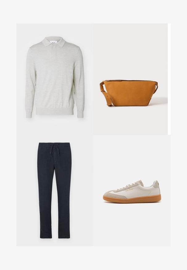 NN.07 EMERSON - Poloshirts - white pepper; Mørk marineblå linnedbukser med elastisk talje, lige ben-design og minimal tekstur. Ingen synlige mønstre eller hardware-detaljer.; Hvide og beige lavtoppede sneakers med gummisål, hvide snørebånd, detaljer i ruskind og guld "Paul Smith" logo på siden.; Lys brun læder crossbody taske med justerbar rem og lynlås, vist mod en ensartet lys baggrund.