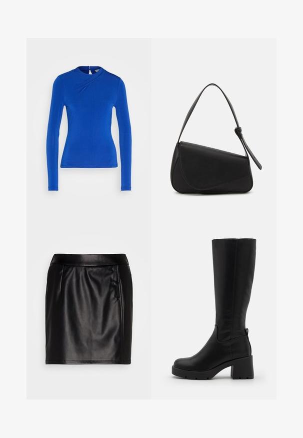 Blaues Langarmoberteil mit hohem Kragen, das an der Vorderseite ein Twist-Design und einen Knopfverschluss an der Rückseite aufweist. Glatte Stoffstruktur.; VILA VITALLA BUTTON SKIRT - Minirock - black/silver; Even&Odd Plateaustiefel - black; Schwarze Lederhandtasche mit dreieckiger Form, schrägem Klappdeckel und rundem Oberhandgriff. Verfügt über eine glatte Textur und minimalistische Designdetails.
