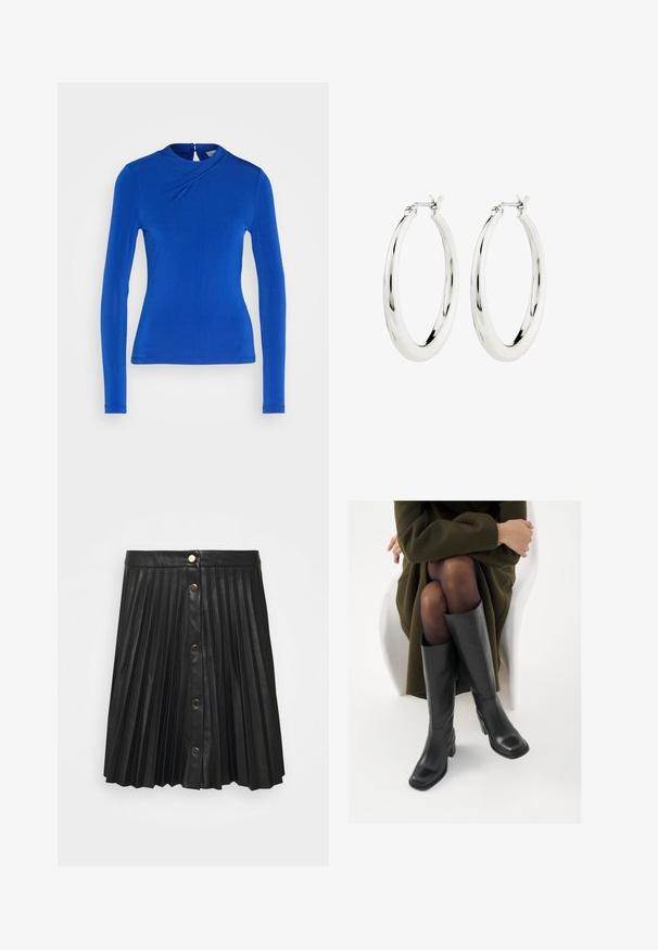Blauwe lange mouw top met een hoge halslijn, met een draai ontwerp aan de voorkant en een knoopsluiting aan de achterkant. Gladde stofstructuur.; VILA VIAMINA BUTTON SKIRT - Minirok - black; Knieschijf hoge zwarte leren laarzen met een vierkante neus en blokhak, getoond met een model dat zit in een olijfgroene jas. Gladde textuur, minimale details.; Zilveren oorbellen in de vorm van een gladde, glanzende ring. Circulaire vorm, voorzien van een veilige sluiting. Eenvoudig en elegant ontwerp.