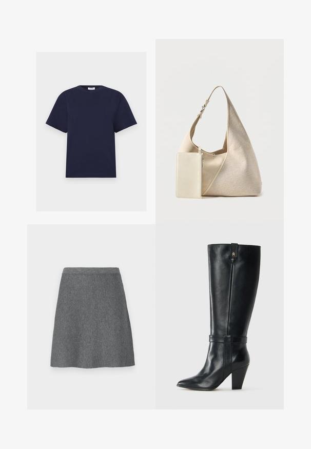 T-shirt bleu marine à manches courtes avec col rond, ourlet droit et petite étiquette de marque blanche à l'intérieur du col.; Jupe en laine grise avec une taille ajustée, forme évasée et texture lisse. Pas de poches ni de détails métalliques visibles.; Botte en cuir noire mi-mollet avec bout pointu, talon bloc, sangle décorative autour de la cheville et petit logo en métal près du bord supérieur.; Sac hobo en tissu beige avec bandoulière réglable et petite pochette rectangulaire zippée assortie attachée.