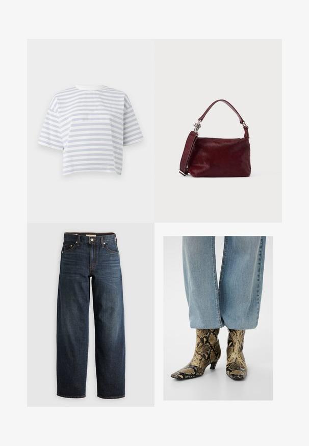 Camiseta corta de manga corta con rayas horizontales blancas y gris claro y cuello redondo sobre un fondo liso.; Jeans oscuros de denim, con un diseño de pierna recta, estilo de cinco bolsillos, y acentos de costura superior con cierre de botón.; Vaqueros de mezclilla azul que cubren parcialmente botines con punta puntiaguda y tacón bajo con patrón de piel de serpiente en marrón y negro.; Pequeño bolso rectangular color burdeos con acabado texturizado, asa corta y correa de hombro desmontable sobre un fondo claro y sencillo.