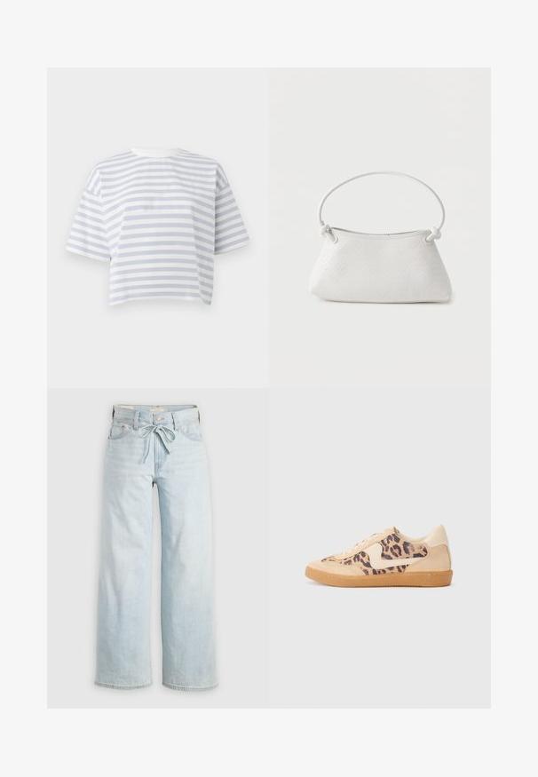 T-shirt court à manches courtes rayé horizontalement blanc et gris clair avec un col rond sur un fond uni.; Jean large bleu clair avec un nœud à l'avant, design classique à cinq poches et détails de décoloration subtils sur les jambes. Matériau en denim.; Baskets en imprimé léopard avec tige en suède beige, semelle en caoutchouc tan et accents blancs. Bout rond et design à lacets avec une finition texturée.; Sac à main en cuir tressé blanc avec poignée arrondie et extrémités de lanière nouées, présenté sur un fond uni.