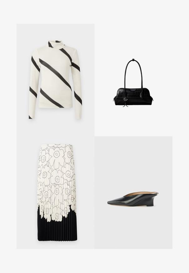Langærmet turtleneck skjorte i creme med brede sorte diagonale striber, lavet af et let og glat stof. Tætsiddende design, uden synlige lukninger.; Plisseret nederdel med et blomstret sort-hvidt mønster, der har en lyseoverdel med blomster og en ensfarvet sort underkant.; Sort laklæder kilehæl sko med spids tå og åben hæl, der har et elegant, buet design og minimalistisk stil.; Sort skuldertaske i krokodillelæder med lange stropper og lille sølvlogo-charm på den ene strop.