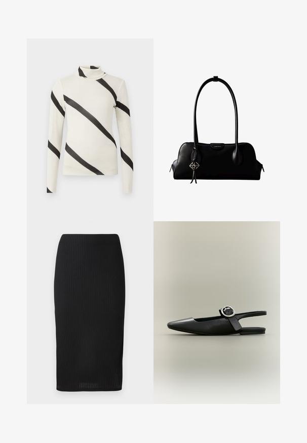 Langærmet turtleneck skjorte i creme med brede sorte diagonale striber, lavet af et let og glat stof. Tætsiddende design, uden synlige lukninger.; Sort ribbet blyantskørt i tætsiddende design med en glat tekstur og en længde til knæene. Simpel talje uden udsmykninger.; Sort spids flat slingback-sko med sølv spænde og lav hæl på en neutral baggrund.; Sort lædertaske fra Calvin Klein med lange håndtag, en forside-logo-tag og en sølv geometrisk vedhæng, der hænger fra det ene håndtag.