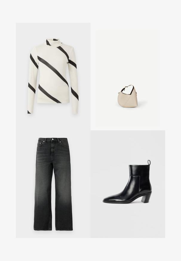 Langærmet turtleneck skjorte i creme med brede sorte diagonale striber, lavet af et let og glat stof. Tætsiddende design, uden synlige lukninger.; Sorte denim jeans med en afslappet pasform, lige ben design, falmet tekstur, fem-lomme stil og sølvknaplukning i taljen.; Sort læder ankelstøvle med spids tå, geometrisk stablet hæl og en løftestrop bagpå. Glat tekstur og slankt design.; Beige læder håndtaske i halvmåneform med en enkelt skulderrem og minimal syning, sat mod en ensartet hvid baggrund.