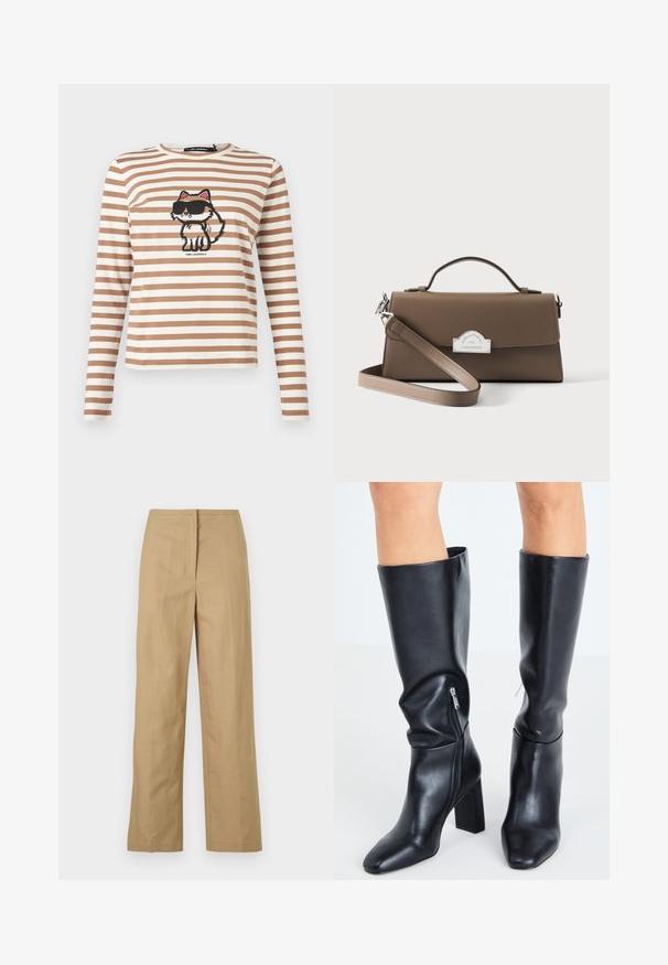 Langærmet, beige og hvidstribet skjorte med en tegneserie kat iført solbriller trykt på brystet.; Beige, lige ben bukser med flad front, sidelommer og et glat, let stof. Ingen synlige mønstre eller hardware detaljer.; Steve Madden SPEEDWAY - Høje støvler/ Støvler - black; Brun rektangulær læderhåndtaske med top håndtag og aftagelig skulderrem, med en sølvfarvet metal lås foran.
