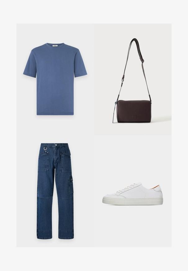 T-shirt met ronde hals en korte mouwen in effen blauwe katoen, voorzien van een rechte zoom en een zachte textuur, geschikt voor casual gebruik.; Donkerblauwe denim cargo broek met een rechte snit, voorzien van meerdere zakken, metalen hardware en contrasterende stiksels.; Witte lage leren sneaker met vetersluiting, dikke zool en minimale stiksel details tegen een effen lichte achtergrond.; Donkerbruine gestructureerde leren crossbodytas met verstelbare riem en klein decoratief blauw accent aan de zijkant.