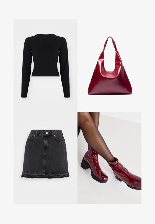 Zwarte langmouw crop top met een ronde hals en raglanmouwen. Gladde textuur, minimalistisch ontwerp en geen zichtbare patronen of hardware.; Zwart denim mini-jurk met een rechte silhouet, voorzien van voorzakken, metalen knoopsluiting en een rafelige zoom.; Rode lakleren enkellaarzen met een stevige zwarte hak en ritsdetails. Gladde textuur, strak ontwerp met een ronde neus.; Rode glanzende leren handtas met een driehoekige vorm, brede opening aan de bovenkant en een enkele gebogen handgreep. Gladde textuur met minimale stikseldetails.