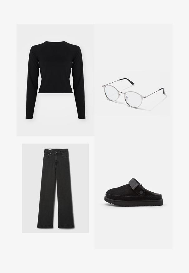 Sort langærmet crop top med rund hals og raglanærmer. Glat tekstur, minimalistisk design og ingen synlige mønstre eller hardware.; Sorte højtaljede jeans med lige ben og fem lommer samt kobbernitter, lagt fladt ud på en lys grå baggrund.; Sorte ruskindssandaler med rund tå, blød tekstur, justerbar rem og en tyk gummisål med mønstret slidbane for godt greb.; Metallic sølvbriller med runde linser og en tynd ramme. Sorte tempelspidser giver kontrast. Justerbare næsepuder medfølger.