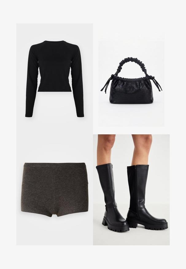 Sort langærmet crop top med rund hals og raglanærmer. Glat tekstur, minimalistisk design og ingen synlige mønstre eller hardware.; Mørkegrå bomuldsboxershorts med en glat tekstur, en bred elastisk talje og en behagelig pasform. Ingen synlige mønstre eller accenter.; Sorte knæhøje støvler lavet af glat kunstlæder med en kraftig sål, lynlås i siden og design med rund tå.; Sort taske med krokodilletekstur, rynket øverste kant, samlet hank og snore med kvaster på hver side mod en hvid baggrund.