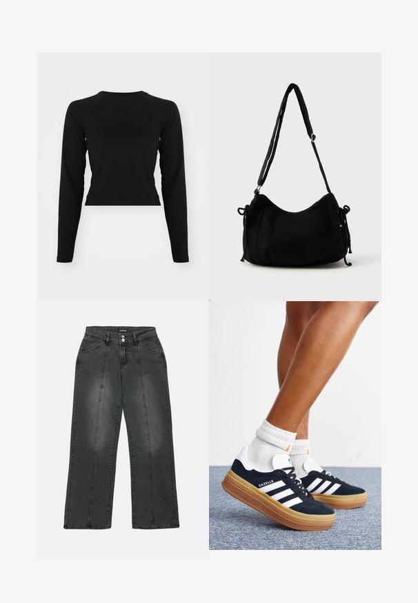 Čierny dlhý rukáv cropped top s okrúhlym výstrihom a raglánovými rukávmi. Hladká textúra, minimalistický dizajn a bez viditeľných vzorov alebo hardvéru.; Široké džínsy v tmavosivej denimovej farbe. Vlastnosti zahŕňajú gombíkový uzáver, dve predné vrecká a vertikálne švy pre detail. Prítomné sú aj poškodené oblasti.; Nohy v bielych ponožkách a čiernych teniskách Adidas Gazelle s bielymi pruhmi a hrubými hnedými podrážkami na sivom koberci.; Čierna kordurová taška na rameno s oblým tvarom, nastaviteľným popruhom a šnúrkami na stiahnutie na oboch stranách na úpravu veľkosti.